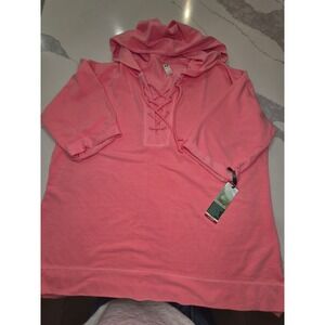 Green Tea Womens Pink Lace Up Short Sleeve Hoodie Garment Dye Sweatshirt XL NWT